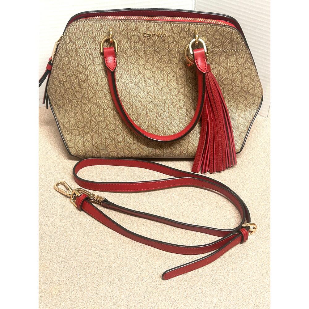 Calvin Klein Susan Signature Satchel Shoulder-Hand Bag Purse Red Detail Logo